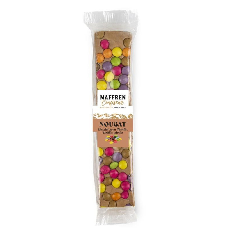 Barre nougat chocolat saveur noisette et lentille de chocolat