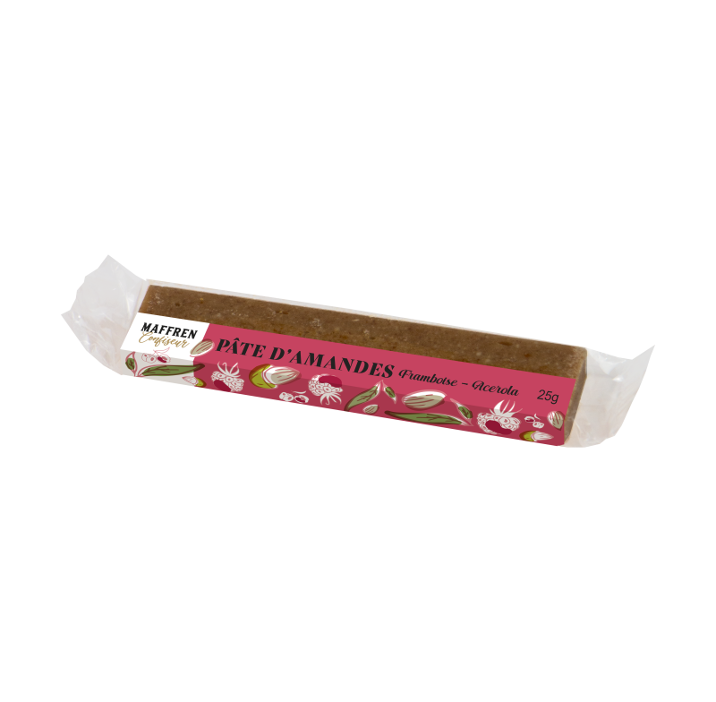 Barre de 25g en pâte d'amandes framboise acérola  - taurine et extrait de Guarana